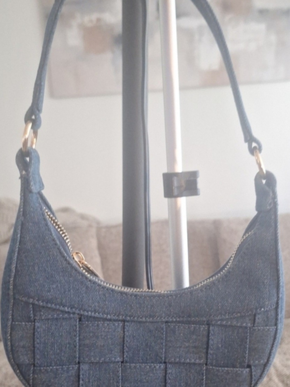Woven Crescent Shoulder Bag in Blue Denim